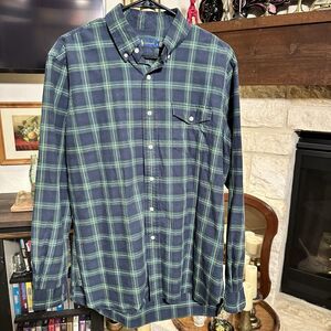 Vintage 90s Y2K Ralph Lauren Green Blue Tartan Plaid Mens L Button Down Shirt
